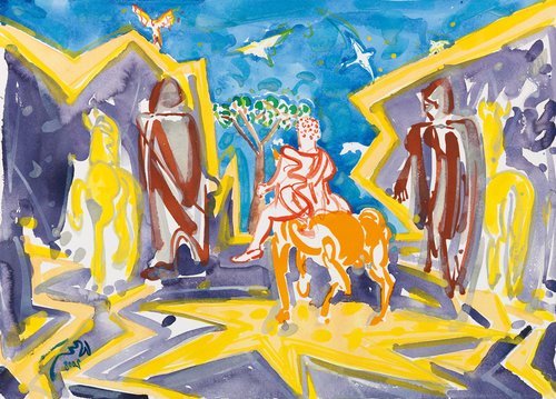 Marc Aurel in Begleitung von Castor und Pollux mit dem Blick durch die